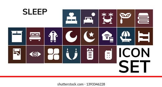 sleep icon set. 19 filled sleep icons.  Collection Of - Bed, Double bed, Fatigue, Mozy, Hammock, Sleeping bag, Baby monitor, Pijama, Night, Smart home, Bunk bed, Eye mask, Blanket