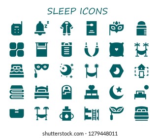  sleep icon set. 30 filled sleep icons. Simple modern icons about  - Baby monitor, Snooze, Pijama, Door hanger, Eye mask, Feeder, Mozy, Bed, Sleeping bag, Hammock, Pillow, Night