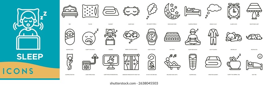 Sleep Icon set. Bed, Pillow, Blanket, Sleep Mask, Sleep Symbol, Moon and Stars, Sleeping Person, Dream Cloud and Alarm Clock