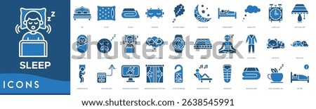 Sleep Icon set. Bed, Pillow, Blanket, Sleep Mask, Sleep Symbol, Moon and Stars, Sleeping Person, Dream Cloud and Alarm Clock