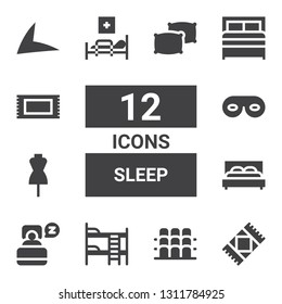 sleep icon set. Collection of 12 filled sleep icons included Rug, Grandstand, Bunk bed, Sleep, Bed, Dummy, Eye mask, Medical bed, Live drive, Pillows