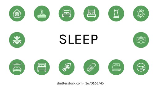 sleep icon set. Collection of Laugh room, Bed, Nightgown, Sleeping, Dreamcatcher, Do not disturb, Eye mask icons