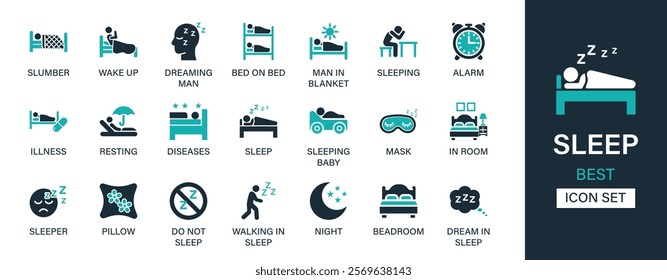 Sleep icon set collection. Slumber, wake up, dreaming man, bed on ben, blanket, sleeping, alarm, illness. And solid icon set collection.