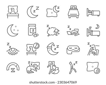 Sleep icon set. It included the bed, pillow, sleepy, day dreaming, night and more icons.