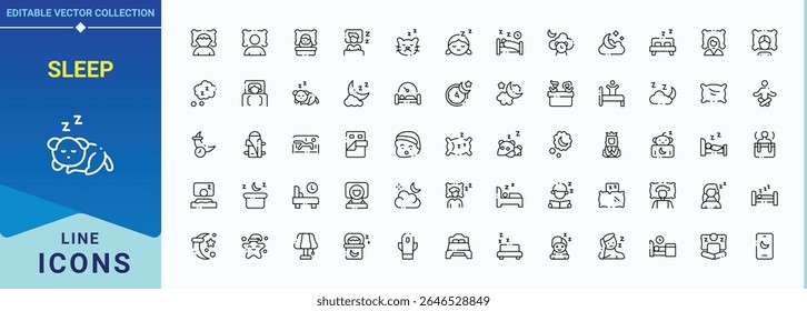 Sleep icon set. Included bedroom, nap, slumber, sleeplessness, dream and more. Bedroom icon set. Set of line pictogram. Editable stroke collections.