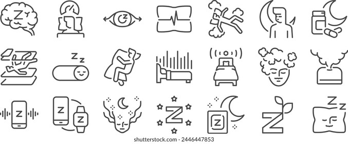 Sleep icon set. It includes sleepy, asleep, dream, deep sleep, sleeping, and more icons. Editable Vector Stroke.