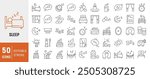 Sleep icon set. Related to sleeping, bedroom, dream, pillow, bed, alarm clock, insomnia, night and rest icons. Vector Illustration