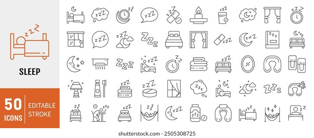 Sleep icon set. Related to sleeping, bedroom, dream, pillow, bed, alarm clock, insomnia, night and rest icons. Vector Illustration