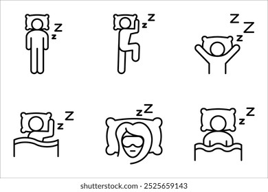 Icono de sueño. conjunto de poses para dormir Icono de sueño simple para redes sociales, App y Diseño web. Ilustración vectorial sobre fondo blanco