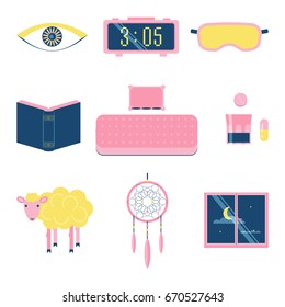 Sleep icon set. Stock vector illustration of insomnia and sleep problems objects isolated on white background. Flat style