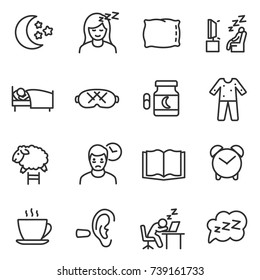 Sleep icon set, thin line design. Line with editable stroke