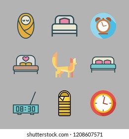 sleep icon set. vector set about alarm clock, fennec, bed and clock icons set.
