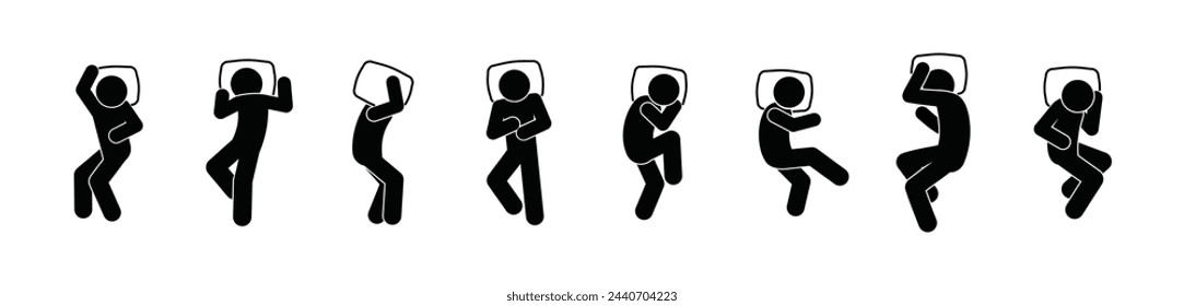 sleep icon, stick figure sleeping people, set of sleeping poses, isolated pictograms man