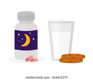 Sleep icon vector illustration sleeping pills milk glass cookies biscuit bottle