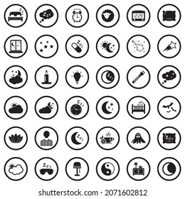 Iconos de sueño. Diseño Plano Negro En Círculo. Ilustración vectorial.