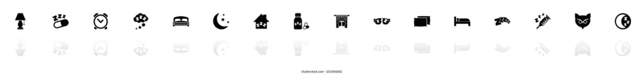 Sleep icons - Black horizontal Illustration symbol on White Background with a mirror Shadow reflection. Flat Vector Icon.