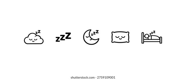Sleep icons featuring cloud moon pillow and bed representing rest.