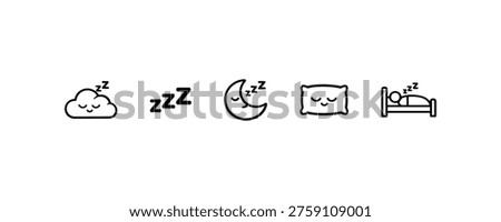 Sleep icons featuring cloud moon pillow and bed representing rest.