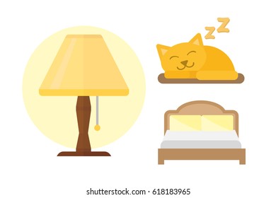 Sleep icons lamp bed vector illustration set collection nap icon relax bedtime set sleeping cat