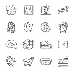 Sleep Icons, Night Dreams And Bedtime Items, Bed Pillow, Moon And Bedroom Vector Symbols. Sleep Snooze Zzz Linear Icon With Cartoon Sheep, Sleeping Mask And Ear Plug, Alarm Clock And Dream Catcher