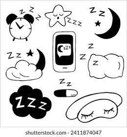 Sleep icons, night dreams and bedtime items, bed pillow, moon and bedroom vector symbols.