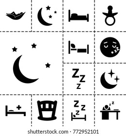 Sleep icons. set of 13 editable filled sleep icons such as pacifier, woman in hammock, sleeping emot, baby bed, bed, zzz, moon and stars, medical bed