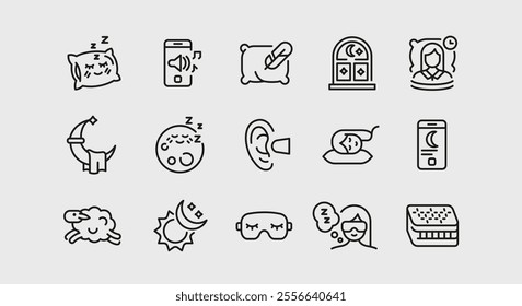 Sleep icons. Set of 15 sleep trendy minimal icons. Sleepy pillow face, bed, sleep, sleeping pills. Design signs for web page, mobile app, packaging design. Vector illustration. 