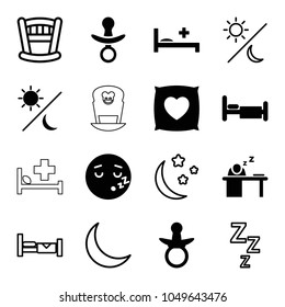 Sleep icons. set of 16 editable filled and outline sleep icons such as pacifier, sleeping emot, bed, medical bed, man sleeping on table, sun and moon, baby bed, zzz