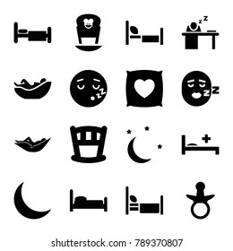 Sleep icons. set of 16 editable filled sleep icons such as pacifier, woman in hammock, sleeping emot, baby bed, bed, medical bed, man sleeping on table, crescent