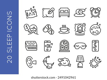 Iconos de suspensión. Conjunto de 20 iconos de sueño de moda mínima. Cara de almohada somnolienta, cama, dormir, pastillas para dormir. Diseño de carteles para página de Web, App móvil, diseño de envases. Ilustración vectorial. 