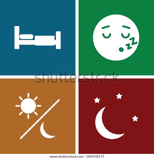 sleep icons set. Set of 4 sleep filled\
icons such as bed, sleeping emot, moon and\
stars