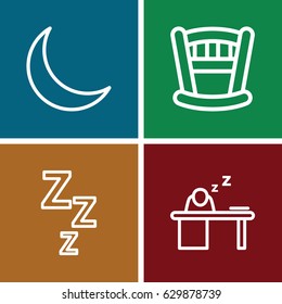 Sleep icons set. set of 4 sleep outline icons such as man sleeping on table, crescent, baby bed