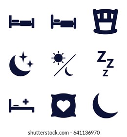 Sleep icons set. set of 9 sleep filled icons such as bed, pillow with heart on it, medical bed, crescent, moon and stars, sun and moon, baby bed