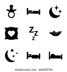 Sleep icons set. set of 9 sleep filled icons such as bed, pacifier, pillow with heart on it, woman in hammock, moon and stars