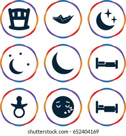 Sleep icons set. set of 9 sleep filled icons such as bed, pacifier, woman in hammock, sleeping emot, crescent, moon and stars