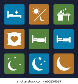 Sleep icons set. set of 9 sleep filled icons such as bed, pillow with heart on it, moon and stars, medical bed, man sleeping on table, crescent
