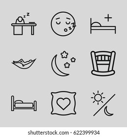 Sleep Icons Set. Set Of 9 Sleep Outline Icons Such As Pillow With Heart On It, Woman In Hammock, Moon And Stars, Medical Bed, Man Sleeping On Table, Sun And Moon