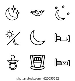 Sleep icons set. set of 9 sleep outline icons such as bed, pacifier, woman in hammock, crescent, moon and stars, sun and moon