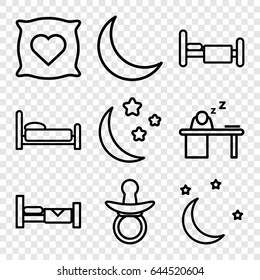 Sleep icons set. set of 9 sleep outline icons such as bed, pacifier, pillow with heart on it, moon and stars, man sleeping on table