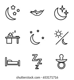 Sleep icons set. set of 9 sleep outline icons such as pacifier, woman in hammock, moon and stars, man sleeping on table, sun and moon, bed
