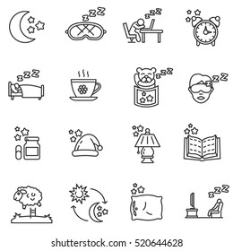 Sleep icons set. Attributes for sleep, thin line design. Deep sleep, linear symbols collection. 