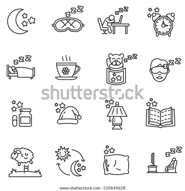 Sleep icons set. Attributes\
for sleep, thin line design. Deep sleep, linear symbols collection.\
