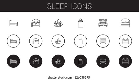sleep icons set. Collection of sleep with bed, eye mask, feeder. Editable and scalable sleep icons.
