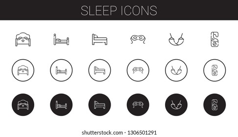sleep icons set. Collection of sleep with bed, eye mask, hammock, door hanger. Editable and scalable sleep icons.