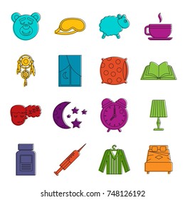 Sleep icons set. Doodle illustration of vector icons isolated on white background for any web design