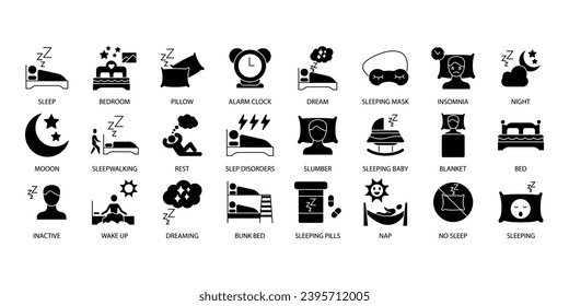 Schlafe Symbole gesetzt. Satz bearbeitbarer Strich-Icons.Vektorset of Sleep