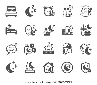 Sleep icons. Sleeping pillow, Night bed and Insomnia sleeplessness. Bedroom rest mattress, Zzz snooze and Pillows with feather icons. Sleeping mask, Alarm clock and Human sleep in bed. Vector
