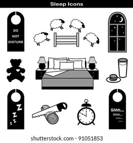 Sleep Icons: Teddy bear, comfy bed, pillow, nightstand, lamp, night window, counting sheep, milk, cookies, door hangers: do not disturb, zzz, shh, saw log, alarm clock. EPS8 compatible.