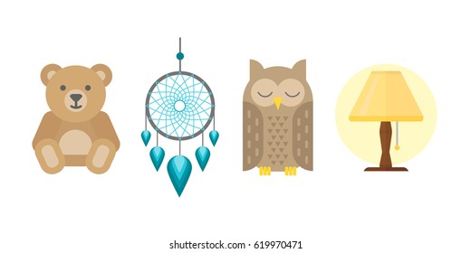 Sleep icons vector illustration set collection nap icon relax bedtime lamp owl bear isolated dream catcher