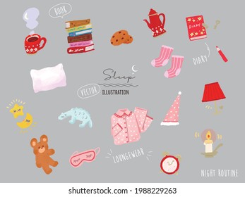 Sleep illustrations (Pajamas, Tea Time, Coffee, Diary, Teddy Bear, Cute, Fashion, Night Routine, Pajamas, interiors, lights , book )